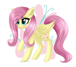 Size: 1786x1585 | Tagged: safe, artist:queenofsilvers, fluttershy, pegasus, pony, g4, blushing, cute, cutie mark, cutie mark background, ear fluff, eye clipping through hair, eyebrows, eyebrows visible through hair, female, folded wings, mare, raised hoof, shyabetes, signature, simple background, solo, standing, tail, transparent background, wings