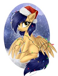 Size: 1306x1700 | Tagged: safe, artist:queenofsilvers, oc, oc only, pegasus, pony, chest fluff, christmas, christmas lights, commission, ear fluff, eye clipping through hair, eyebrows, eyebrows visible through hair, female, hat, holiday, looking at you, mare, pegasus oc, santa hat, simple background, solo, spread wings, tail, tangled up, transparent background, wings, ych result