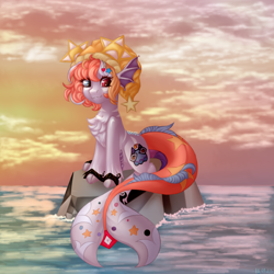 Size: 2500x2500 | Tagged: safe, artist:n3tt0l, oc, oc only, original species, pony, accessory, art trade, blue eye, chest fluff, cloud, coat markings, curly hair, curly mane, fins, fish tail, full body, hat, heterochromia, ocean, pink hair, red eye, rock, shiny eyes, sitting, sky, smiling, solo, stars, stripes, sunset, tail, unshorn fetlocks, water
