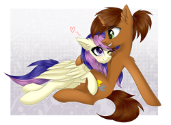 Size: 2317x1684 | Tagged: safe, artist:queenofsilvers, oc, oc only, oc:coppercore, oc:lilith kamaria, pegasus, pony, unicorn, blushing, chest fluff, commission, cuddling, duo, duo male and female, ear fluff, eye clipping through hair, eyebrows, eyebrows visible through hair, female, folded wings, heart, horn, male, mare, oc x oc, one eye closed, pegasus oc, shipping, signature, smiling, stallion, tail, unicorn oc, wings