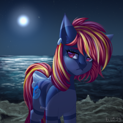 Size: 2500x2500 | Tagged: safe, artist:n3tt0l, oc, oc only, earth pony, pony, beach, blue skin, bow, colored eyebrows, dark background, ear piercing, earring, eyelashes, gift art, hair bow, half body, jewelry, moon, night, ocean, piercing, red eyes, red hair, red mane, red tail, sad, sand, shiny eyes, solo, stars, striped mane, striped tail, stripes, tail, water