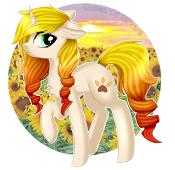 Size: 1363x1324 | Tagged: safe, artist:queenofsilvers, oc, oc only, oc:sunshine blossom, pony, unicorn, chest fluff, commission, ear fluff, female, floppy ears, flower, horn, looking at you, mare, paw prints, profile, raised hoof, side view, smiling, smiling at you, solo, sunflower, tail, unicorn oc