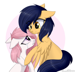 Size: 1621x1564 | Tagged: safe, artist:queenofsilvers, oc, oc only, oc:vega light, pegasus, pony, unicorn, comforting, crying, duo, duo female, ear fluff, eye clipping through hair, eyebrows, eyebrows visible through hair, female, horn, looking at each other, looking at someone, mare, pegasus oc, sad, signature, simple background, smiling, spread wings, tail, teary eyes, unicorn oc, white background, wings