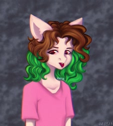 Size: 970x1080 | Tagged: safe, artist:n3tt0l, oc, oc only, anthro, 3d effect, brown eyes, brown hair, curly hair, displeased, eyelashes, gray background, green hair, half body, light skin, piercing, pink shirt, ponified, shiny eyes, shiny hair, solo, tongue out, tongue piercing