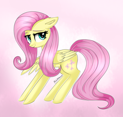 Size: 2173x2077 | Tagged: safe, artist:queenofsilvers, fluttershy, pegasus, pony, g4, ear fluff, female, high res, looking at you, mare, one wing out, signature, smiling, smiling at you, solo, tail, wings