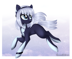 Size: 1977x1612 | Tagged: safe, artist:queenofsilvers, oc, oc only, oc:yuna, earth pony, pony, art trade, blue coat, earth pony oc, eye clipping through hair, eyebrows, eyebrows visible through hair, female, looking sideways, mare, smiling, solo, tail, white mane