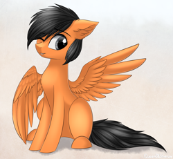 Size: 1846x1700 | Tagged: safe, artist:queenofsilvers, oc, oc only, oc:power drift, pegasus, pony, commission, eye clipping through hair, eyebrows, eyebrows visible through hair, looking at you, male, one eye closed, pegasus oc, sitting, smiling, smiling at you, solo, spread wings, stallion, tail, wings, wink, winking at you