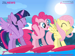 Size: 2898x2160 | Tagged: safe, artist:zslnews, fluttershy, pinkie pie, twilight sparkle, alicorn, earth pony, pegasus, pony, g4, ^^, cute, excited, eyes closed, female, mare, open mouth, spread wings, surfboard, surfing, trio, trio female, twiabetes, twilight sparkle (alicorn), updated, updated image, wave, wheeeee, wings, yay