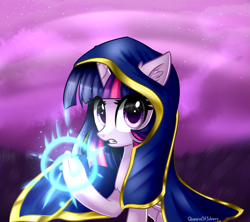 Size: 2173x1927 | Tagged: safe, artist:queenofsilvers, artist:queenofsilverss, twilight sparkle, alicorn, pony, g4, chest fluff, cloak, clothes, crossover, ear fluff, eye clipping through hair, female, folded wings, glowing, glowing hooves, high res, horn, jaina proudmoore, looking at you, mare, outdoors, raised hoof, solo, twilight sparkle (alicorn), warcraft, wings, world of warcraft