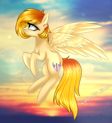 Size: 1186x1300 | Tagged: safe, artist:queenofsilvers, oc, oc only, pegasus, pony, art trade, ear fluff, female, flying, lens flare, mare, outdoors, pegasus oc, profile, side view, solo, spread wings, tail, wings