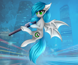 Size: 2014x1688 | Tagged: safe, artist:queenofsilvers, oc, oc only, oc:sister note, bat pony, pony, bat ears, bat pony oc, bat wings, blaster, chest fluff, city, commission, ear fluff, ear tufts, eye clipping through hair, eyebrows, eyebrows visible through hair, female, flying, future, gun, mare, outdoors, slit pupils, solo, spread wings, tail, underhoof, weapon, wings