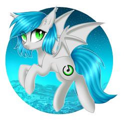 Size: 1605x1549 | Tagged: safe, artist:queenofsilvers, oc, oc only, oc:sister note, bat pony, pony, bat ears, bat pony oc, bat wings, commission, cute, ear fluff, ear tufts, eye clipping through hair, eyebrows, eyebrows visible through hair, female, green eyes, looking at you, mare, ocean, signature, simple background, slit pupils, solo, spread wings, starry night, stars, tail, transparent background, water, wings