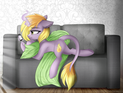 Size: 2035x1528 | Tagged: safe, artist:queenofsilvers, oc, oc only, pony, unicorn, blanket, cellphone, chest fluff, couch, ear fluff, eyebrows, eyebrows visible through hair, female, gift art, glowing, glowing horn, horn, indoors, leg fluff, leonine tail, levitation, looking at something, lying down, magic, magic aura, mare, phone, prone, smartphone, smiling, solo, tail, telekinesis, underhoof, unicorn oc