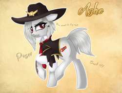 Size: 1186x907 | Tagged: safe, artist:queenofsilvers, pony, ashe (overwatch), dock, eye clipping through hair, eyebrows, eyebrows visible through hair, female, looking back, mare, overwatch, ponified, raised hoof, raised leg, solo, standing on two hooves, tail, underhoof