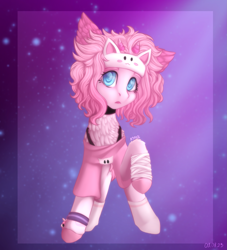 Size: 1961x2160 | Tagged: safe, artist:n3tt0l, oc, oc only, earth pony, pony, accessory, bandage, blue eyes, bracelet, chest fluff, choker, clothes, coat markings, colored ears, curly hair, ear fluff, eyelashes, fluffy, gift art, headband, horns, jewelry, one ear down, open mouth, pink background, pink hair, pink shirt, pink skin, shiny eyes, short hair, simple background, socks, solo, surprised