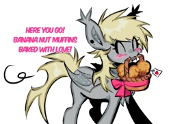 Size: 1492x1080 | Tagged: safe, artist:punkieple, derpy hooves, bat pony, pony, g4, ^^, basket, bat ponified, derpybat, english, eyes closed, female, food, mare, muffin, race swap, simple background, solo, white background