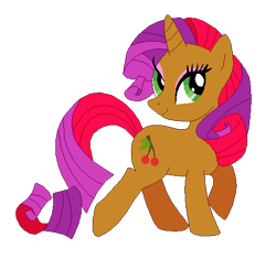 Size: 471x443 | Tagged: safe, artist:selenaede, artist:user15432, cherry spices, pony, unicorn, g4, base used, brown coat, green eyes, horn, looking up, multicolored mane, multicolored tail, raised hoof, recolor, simple background, smiling, tail, transparent background