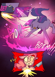 Size: 2733x3866 | Tagged: safe, artist:piesinful, pinkie pie, twilight sparkle, earth pony, pony, unicorn, comic:unlucky day, fanfic:cupcakes, g4, comic, dialogue, duo, duo female, female, fight, high res, hoof hold, implied rainbow dash, injured, magic, mare, unicorn twilight, yelling