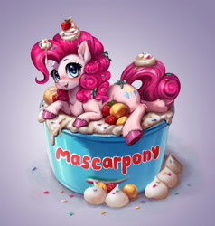 Size: 1835x1931 | Tagged: safe, artist:polnocnykot, pinkie pie, earth pony, pony, g4, adorable face, berry, blue eyes, blushing, bow, box, candy, cheese, chest fluff, cream, curly hair, curly mane, cute, dessert, diapinkes, ear fluff, eyebrows, female, fluffy, food, gradient background, hair bow, happy, hooves, looking at you, looking up, looking up at you, lying down, mare, mascarpone, open mouth, open smile, pink hair, pink mane, pony in a box, raised eyebrow, smiling, smiling at you, smol, solo, strawberry, sweets, tiny, tiny ponies, unshorn fetlocks, whipped cream