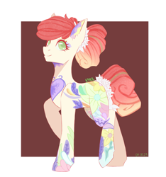 Size: 2373x2530 | Tagged: safe, artist:n3tt0l, oc, oc only, earth pony, pony, art trade, female, flower, flower in hair, full body, green eyes, looking up, pink hair, smiling, solo, tattoo