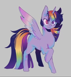 Size: 523x562 | Tagged: dead source, safe, artist:piesinful, oc, oc only, alicorn, pony, eye clipping through hair, female, gray background, heterochromia, mare, simple background, solo, spread wings, wings