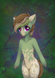 Size: 1530x2160 | Tagged: safe, artist:n3tt0l, oc, oc only, earth pony, anthro, brown hair, coat markings, colored ears, eyelashes, gift art, green background, green skin, hips, looking at you, purple eyes, shiny eyes, short hair, smiling, smiling at you, solo, spots