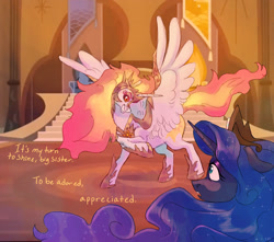 Size: 1700x1500 | Tagged: safe, artist:abbytabbys, daybreaker, princess luna, alicorn, pony, g4, alternate universe, armor, armored wings, black sclera, blue coat, blue eyes, castle of the royal pony sisters, colored eyebrows, colored sclera, crown, curly mane, dialogue, duo, duo female, ethereal mane, ethereal tail, evil grin, eyelashes, female, fiery mane, fiery tail, floppy ears, frown, grin, helmet, hoof shoes, horn, indoors, jewelry, long horn, looking at each other, looking at someone, mare, multicolored mane, multicolored tail, open frown, open mouth, orange eyes, peytral, princess shoes, profile, raised hoof, regalia, role reversal, royal sisters, screencap background, shrunken pupils, siblings, sisters, slit pupils, smiling, smiling at someone, spread wings, standing, starry mane, tail, talking, text, tiara, unicorn horn, wavy mane, wavy tail, white coat, wing armor, wing fluff, wingding eyes, wings, yellow text