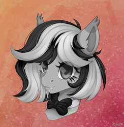 Size: 2106x2160 | Tagged: safe, artist:n3tt0l, oc, oc only, bat pony, pony, black hair, bow, fangs, gradient background, gray eyes, gray skin, looking at you, shiny eyes, shiny hair, smiling, smiling at you, solo, striped hair, white hair
