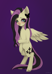 Size: 1506x2160 | Tagged: safe, artist:n3tt0l, fluttershy, butterfly, pegasus, pony, g4, blue eyes, blushing, emo, emoshy, gradient background, long hair, long mane, long tail, makeup, nose blush, purple background, red sclera, sad, shy, simple background, solo, tail, wings, wings down