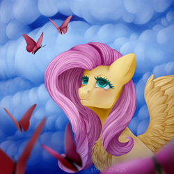 Size: 2000x2000 | Tagged: safe, artist:n3tt0l, fluttershy, butterfly, pegasus, pony, g4, blushing, chest fluff, cloud, cute, eyelashes, half body, shy, shyabetes, sky, smiling, solo, spread wings, wings