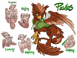 Size: 2974x2264 | Tagged: safe, artist:opalacorn, oc, oc:pavlos, griffon, bandage, beak, broken bone, broken wing, cast, cheek fluff, claws, clothes, clumsy, colored wings, commission, cooking, eared griffon, faceplant, griffon oc, injured, male, non-pony oc, pain, reading, simple background, sling, tail, wings