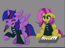 Size: 751x563 | Tagged: safe, artist:skylinepony_, fluttershy, twilight sparkle, alicorn, pegasus, pony, g4, clothes, duo, duo female, eyes closed, female, gray background, keyboard, micro, musical instrument, piano, sad, simple background, singing, sitting, twilight sparkle (alicorn)
