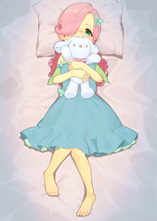 Size: 2894x4093 | Tagged: safe, artist:でかすじ, fluttershy, human, equestria girls, g4, bed, blushing, clothes, dress, hug, looking at you, lying down, on back, pillow, plushie, solo, younger