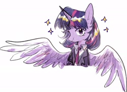 Size: 2048x1492 | Tagged: safe, artist:ssssn_sanao, twilight sparkle, alicorn, pony, g4, clothes, cute, female, half body, horn, looking at you, simple background, smiling, smiling at you, solo, sparkles, spread wings, twilight sparkle (alicorn), white background, wings