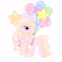 Size: 6890x6890 | Tagged: safe, artist:riofluttershy, oc, oc only, oc:skywalker, earth pony, pony, balloon, blonde hair, blonde mane, blue eyes, bow, cute, female, hair bow, long hair, looking at you, mare, simple background, smiling, smiling at you, solo, sparkles, white background