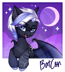 Size: 1377x1515 | Tagged: safe, artist:lina, oc, oc only, bat pony, bat pony oc, commission, looking at you, merchandise, moon, smiling, smiling at you, sticker, wings
