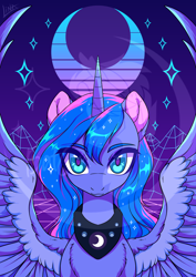 Size: 2480x3508 | Tagged: safe, artist:lina, princess luna, alicorn, pony, g4, chest fluff, colored pupils, commission, ear fluff, female, horn, jewelry, looking at you, mare, merchandise, moon, obtrusive watermark, print, regalia, retro, retrowave, smiling, solo, sparkles, spread wings, synthwave grid, watermark, wing fluff, wings