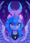 Size: 2480x3508 | Tagged: source needed, safe, artist:lina, princess luna, alicorn, pony, g4, :3, chest fluff, colored pupils, commission, ear fluff, female, horn, jewelry, looking at you, mare, merchandise, moon, obtrusive watermark, print, regalia, retro, retrowave, smiling, solo, sparkles, spread wings, watermark, wing fluff, wings