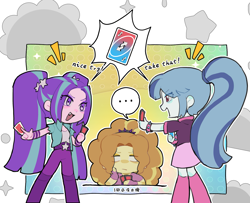 Size: 2577x2088 | Tagged: safe, artist:yanming98294, adagio dazzle, aria blaze, sonata dusk, human, equestria girls, g4, ..., abstract background, chibi, fangs, open mouth, playing card, speech bubble, text, the dazzlings, uno, uno reverse card