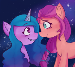 Size: 1700x1500 | Tagged: safe, artist:sunnyroop23, izzy moonbow, sunny starscout, earth pony, pony, unicorn, g5, blushing, duo, female, horn, lesbian, looking at each other, looking at someone, mare, ship:moonscout, shipping, smiling, smiling at each other, starry background, stars