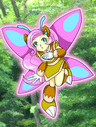 Size: 1676x2217 | Tagged: safe, artist:rockmangurlx, fluttershy, gynoid, human, robot, g4, butterfly wings, female, forest, humanized, mega man (series), nature, tree, wings