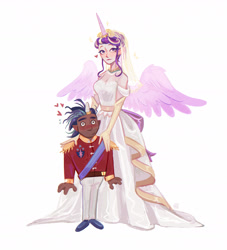 Size: 1764x1946 | Tagged: safe, artist:jellynut, princess cadance, shining armor, human, g4, blushing, breasts, busty princess cadance, cleavage, clothes, dark skin, dress, duo, duo male and female, female, heart, height difference, horn, horn ring, horned humanization, humanized, light skin, looking at you, male, meme, physique difference, ring, ship:shiningcadance, shipping, simple background, slender, smiling, smiling at you, sparkles, straight, tall, the bride and the ugly ass groom, thin, wedding dress, white background, winged humanization, wings