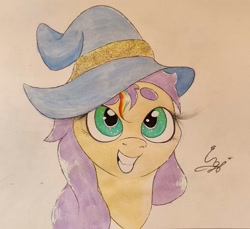 Size: 1815x1662 | Tagged: safe, artist:engi, sunny starscout, earth pony, pony, g5, my little pony: tell your tale, female, happy, hat, looking up, simple background, smiling, solo, traditional art, watercolor painting, wizard hat