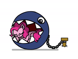 Size: 1800x1350 | Tagged: safe, artist:flutterluv, pinkie pie, chain chomp, earth pony, pony, g4, chains, crossover, female, mare, ponified animal photo, simple background, sleeping, solo, super mario bros., white background