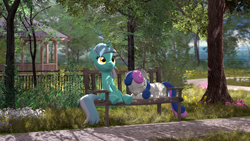 Size: 3840x2160 | Tagged: safe, artist:owlpirate, bon bon, lyra heartstrings, sweetie drops, earth pony, pony, unicorn, g4, 3d, 4k, bench, duo, duo female, female, high res, horn, lesbian, looking up, lying down, mare, nature, outdoors, park, prone, ship:lyrabon, shipping, sleeping, smiling, source filmmaker
