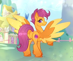 Size: 3973x3284 | Tagged: safe, artist:noctivage, scootaloo, pegasus, pony, adult foal, butt, ear fluff, feathered wings, featureless crotch, female, flank, hoof fluff, large wings, long tail, mare, older, older scootaloo, orange coat, plot, ponyville, raised hoof, short hair, tail, wings