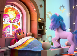 Size: 1384x1007 | Tagged: safe, screencap, izzy moonbow, sunny starscout, earth pony, pony, unicorn, g5, my little pony: make your mark, my little pony: make your mark chapter 1, spoiler:my little pony: make your mark, bed, blanket, cropped, duo, duo female, female, horn, looking at each other, looking at someone, mane stripe sunny, mare, shipping fuel