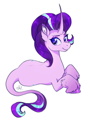 Size: 1843x2500 | Tagged: safe, artist:noctivage, starlight glimmer, classical unicorn, unicorn, g4, big eyes, cloven hooves, hoof fluff, hooves, horn, leonine tail, resting, simple background, transparent background, unshorn fetlocks