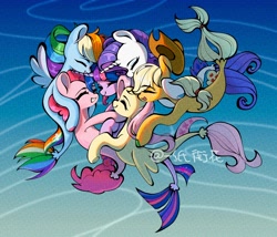 Size: 4096x3512 | Tagged: safe, artist:一纸衔花, applejack, fluttershy, pinkie pie, rainbow dash, rarity, twilight sparkle, alicorn, earth pony, pegasus, pony, seapony (g4), unicorn, g4, absurd resolution, applejack's hat, cowboy hat, crepuscular rays, cute, digital art, dorsal fin, eyelashes, eyes closed, eyeshadow, female, fin, fin wings, fins, flowing mane, flowing tail, freckles, group hug, happy, hat, horn, hug, looking at each other, looking at someone, makeup, mane six, mare, ocean, open mouth, open smile, scales, seaponified, seapony applejack, seapony fluttershy, seapony pinkie pie, seapony rainbow dash, seapony rarity, seapony twilight, signature, smiling, smiling at each other, species swap, sunlight, swimming, tail, underwater, water, wings