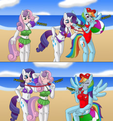 Size: 1280x1382 | Tagged: safe, artist:gameboysage, rainbow dash, rarity, sweetie belle, pegasus, unicorn, anthro, unguligrade anthro, g4, air nozzle, beach, beach ball, belle sisters, belly button, blowing up beach ball, blowing whistle, blushing, blushing profusely, breasts, busty rainbow dash, busty rarity, busty sweetie belle, clothes, context in description, cute, dashabetes, diasweetes, female, horn, indirect kiss, lesbian, lifeguard, lifeguard dash, lifeguard rarity, lipstick, loonerdash, older, older sweetie belle, purple bikini, rainblow dash, rainbow dashs coaching whistle, raribetes, rarity's whistle, reasonably sized breasts, red swimsuit, ship:raridash, shipping, siblings, sisters, sitting, skirt, swimsuit, tomboy taming, trio, trio female, water wings, whistle, whistle necklace, whistle thief